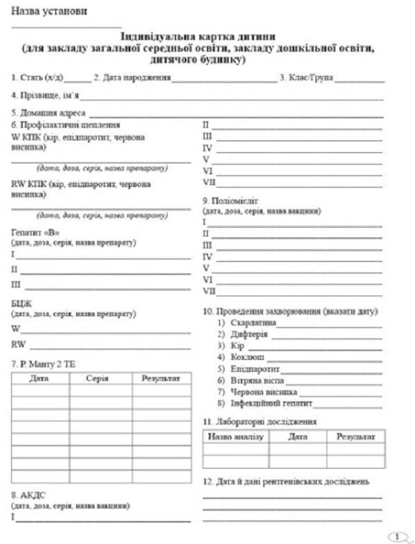 Індивідуальна картка дитини (школи, дитсадка, дитбудинку)