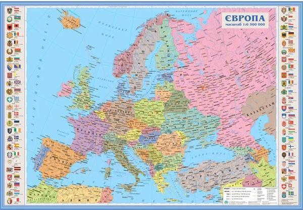 Політична карта Європи 100х70 см 1:6500000 папір/ламінація/планки